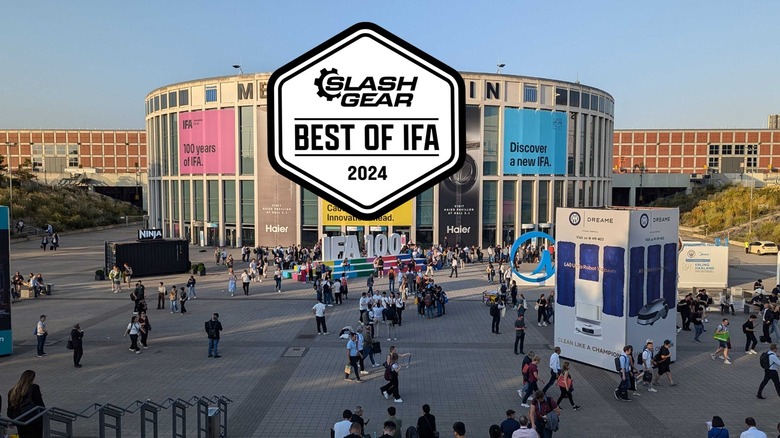 Messe Berlin front entrance with IFA signs and people.