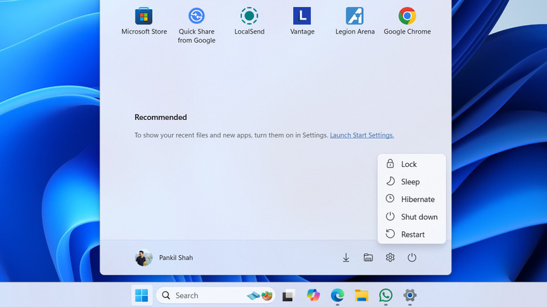 Windows 11 Start menu showing Sleep and Hibernate options