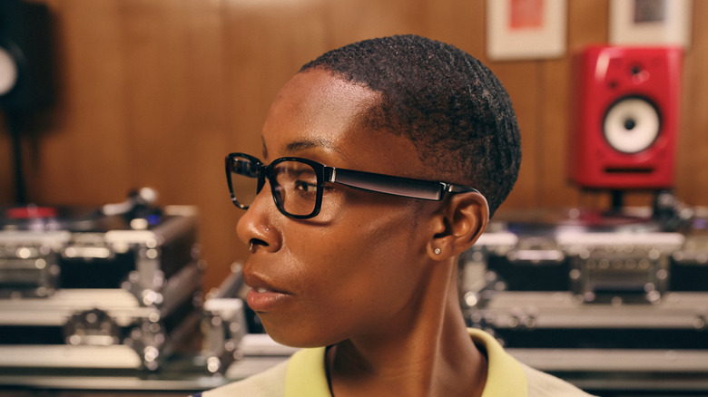 A person wearing Amazon Echo Frames smart glasses