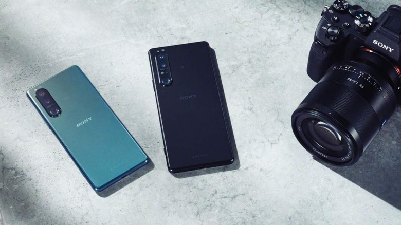 Sony Xperia 1 III camera in teal and black colors against on a white surface