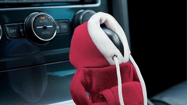 A red and white Christmas-themed gearshift hoodie