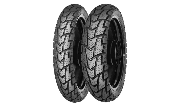 A set of Mitas MC-32 winter motorcycle tires