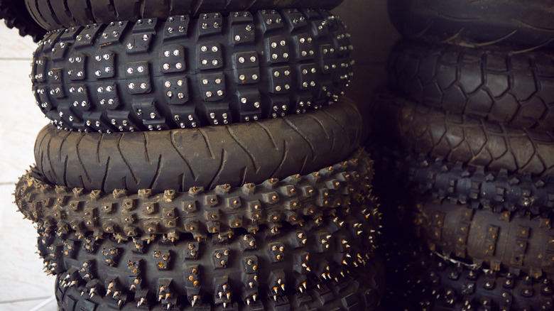 A stack of studded motorcycle tires