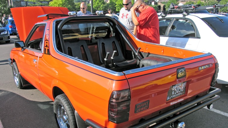 Rear jump seats in an orange Subaru BRAT