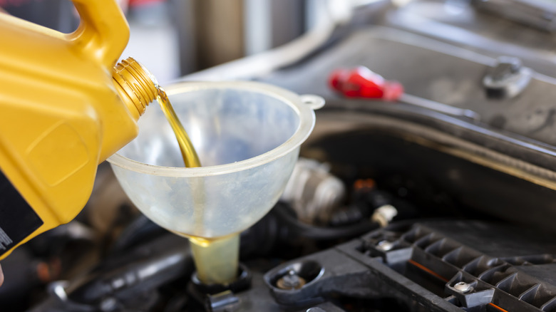 Mechanic pours oil into vehicle