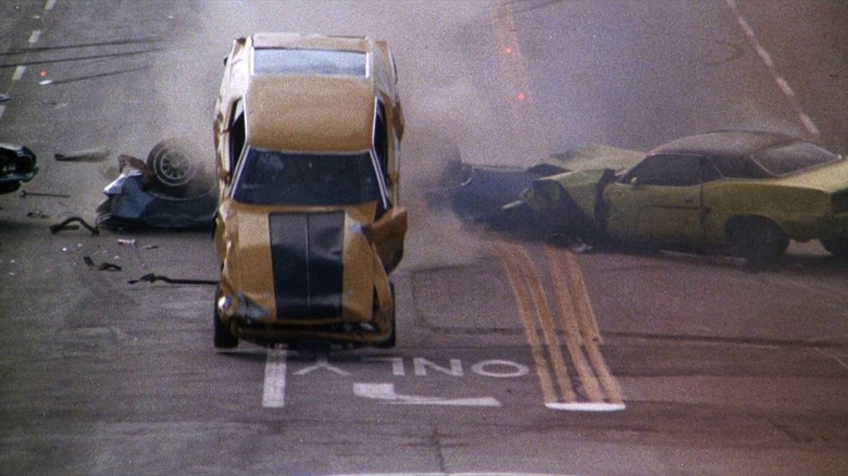 The Eleanor car from the original Gone in 60 Seconds landing nose-down after a massive jump.