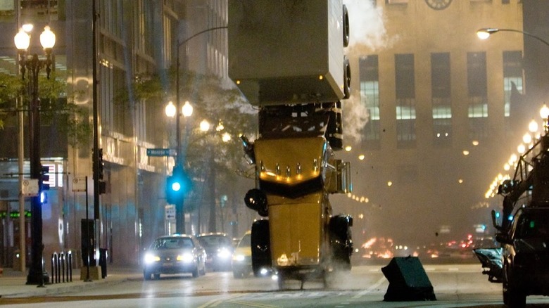 A shot of a tractor trailer truck flipping vertically from the film The Dark Knight