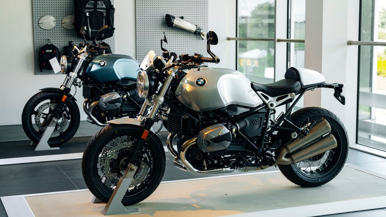 Two BMW R nine T bikes in the showroom