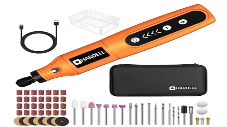 Hardell rotary tool kit featuring multiple shaping attachments, USB cord, and storage case