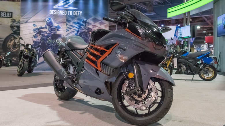 A Kawasaki Ninja ZX-14r in a showroom