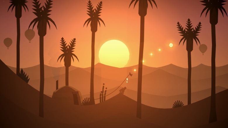 Sandboarding in a dessert with trees in Alto's Odyssey