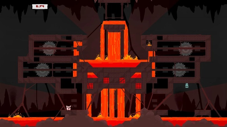 Meat Boy and Bandage Girl in a lava-filled level