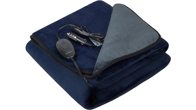 Gray and blue heated blanket