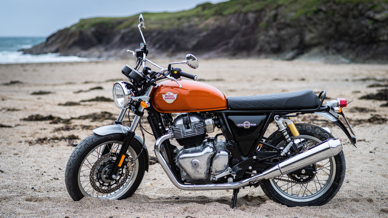 A Royal Enfield Interceptor 650 on the beach