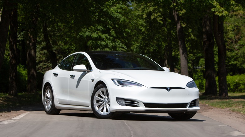 White Model S Tesla parked in the road