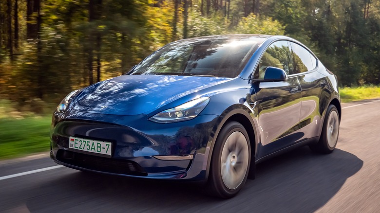 Blue Tesla Model Y on a road