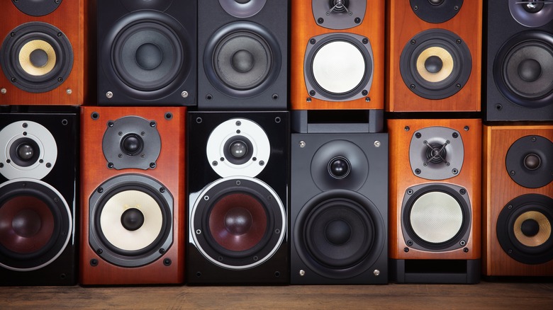 Speakers stacked on a table