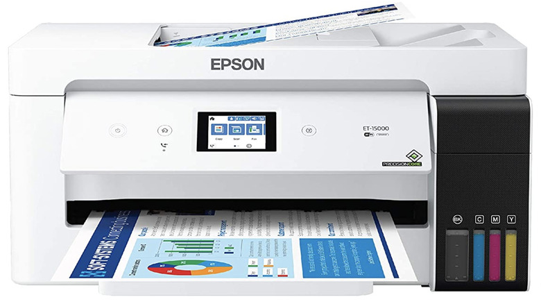 An Epson EcoTank ET-15000 with two sample sheets printing out of it.