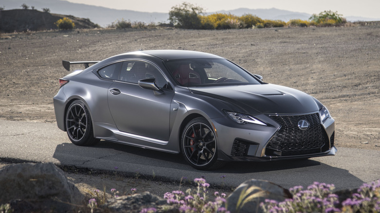 Dark grey 2024 Lexus RC F Track Edition front 3/4 view