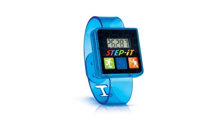 McDonald's Fitness Tracker, with a blue wristband and the words Step-it on its face