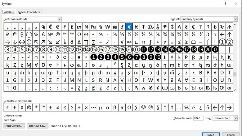 Microsoft Word ASCII symbols