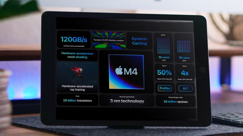 Tablet displaying Apple M4 specs