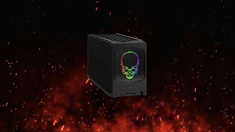 Intel NUC 12 Extreme (Dragon Canyon) on a fiery red, orange and black background