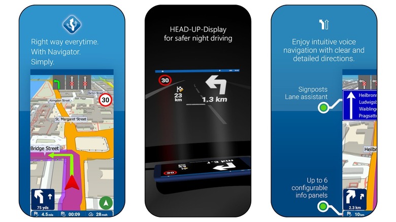 screenshots of MapFactor Navigator navigation app