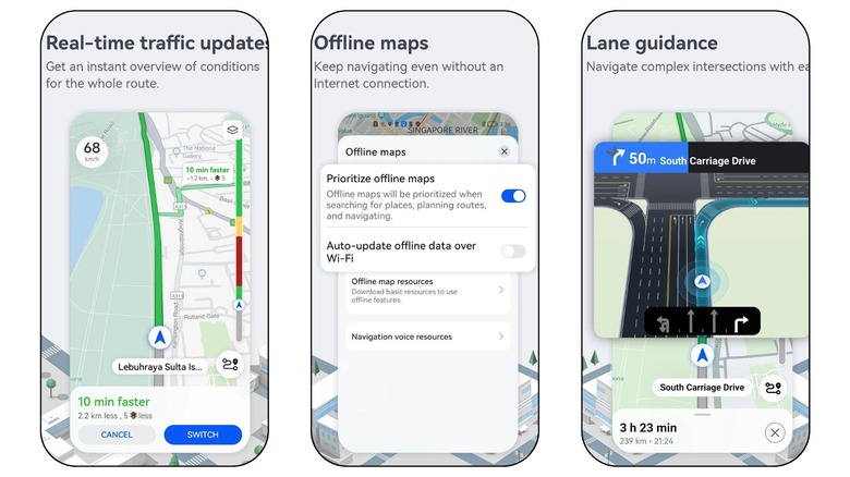 screenshots of Petal Maps navigation app