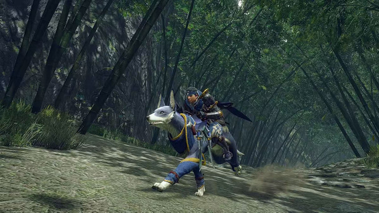 A player riding the dog comapanion in Monster Hunter Rise