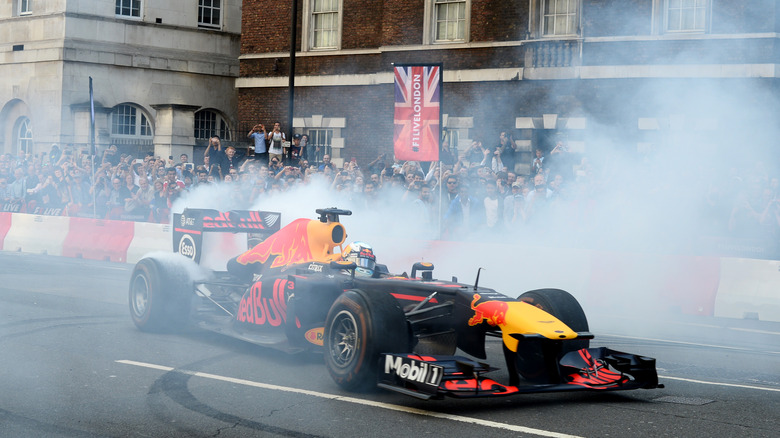 The Red Bull RB7 spinning wheels in London