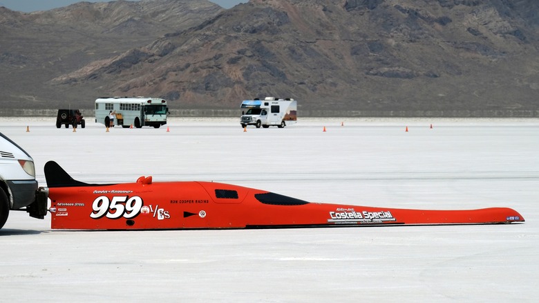 A land speed record attempt at Salt Flats, Utah.