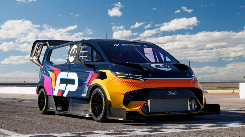 Ford Supervan EVL parked on a race track front 3/4 view