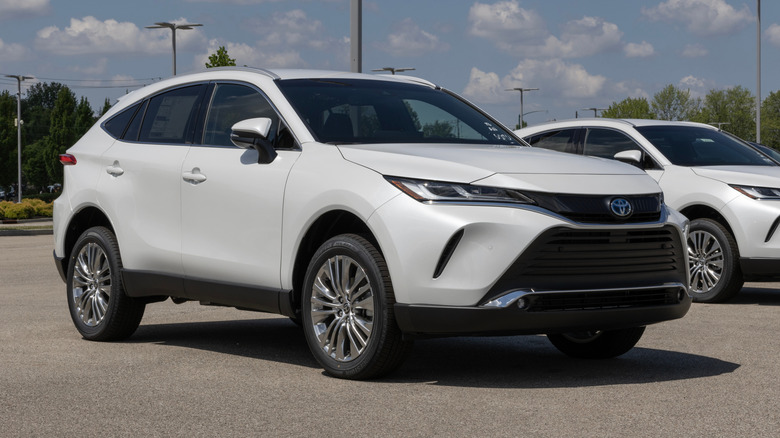 A white Toyota Venza parked next to a Toyota Venza