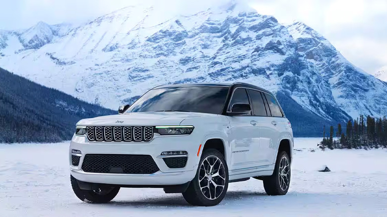 A white Jeep Cherokee in a winter environment