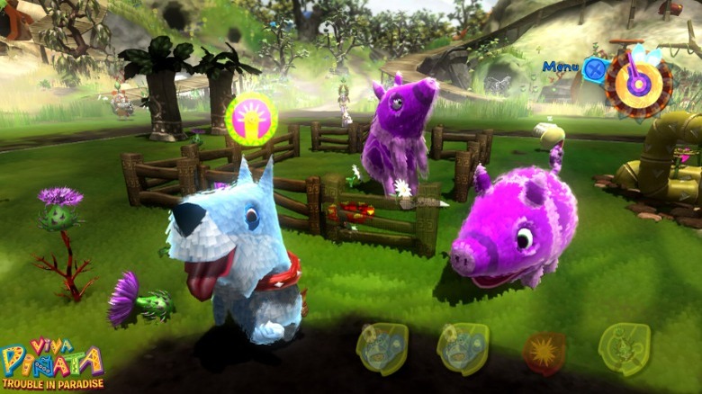 Pinata pigs and a dog playing in a garden together.