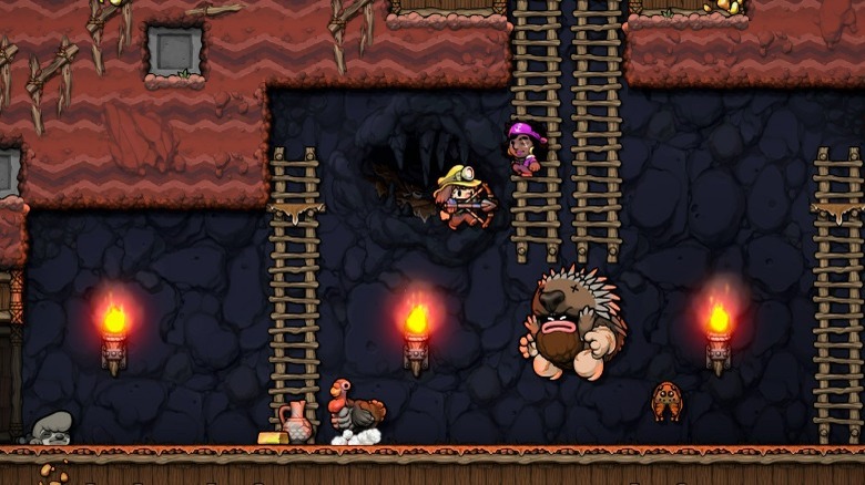 A trio of adventurers fighting a giant caveman in a cave.