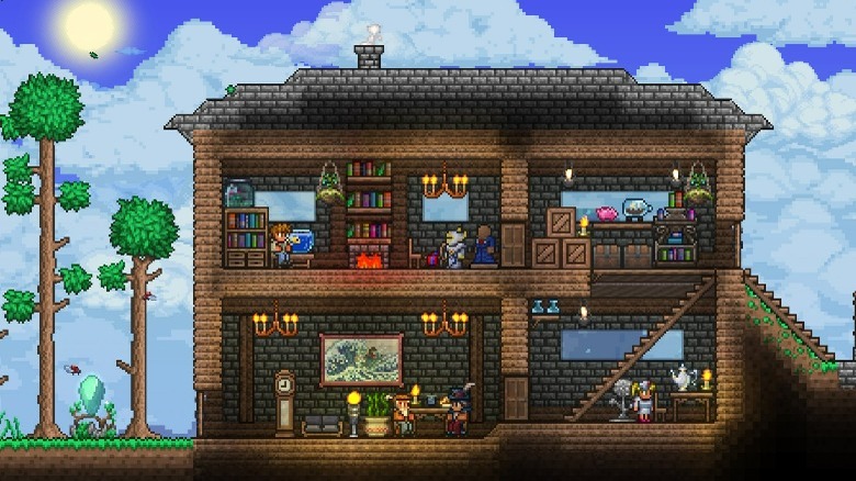 A player-build cabin with friends in Terraria.