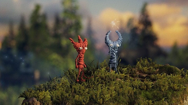 A red and a blue Yarny in a forest setting.