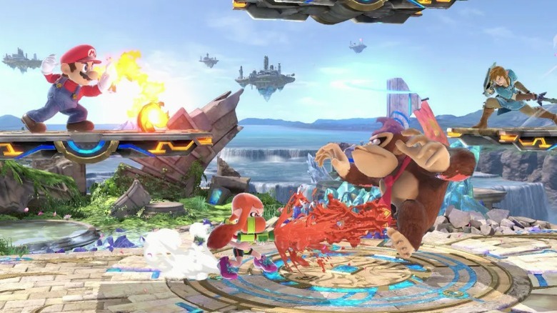 Mario, Donkey Kong, and others fighting