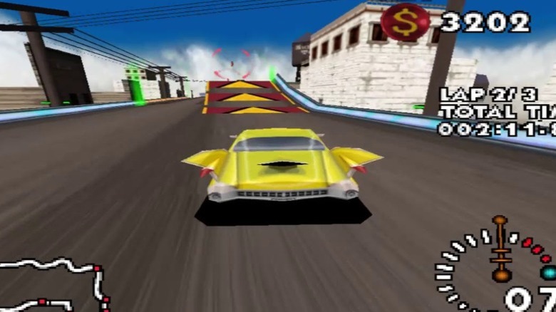 A yellow car racing in Stunt Racer 64