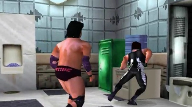 Wrestlers fighting in a laundry room