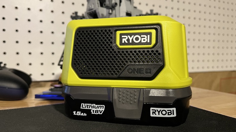 ryobi compact speaker in workshop