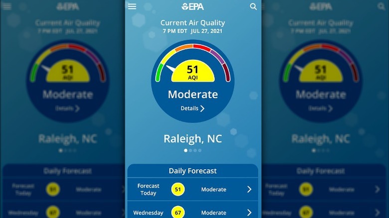 Airnow app showing Raleigh, NC air quality on July 27, 2021