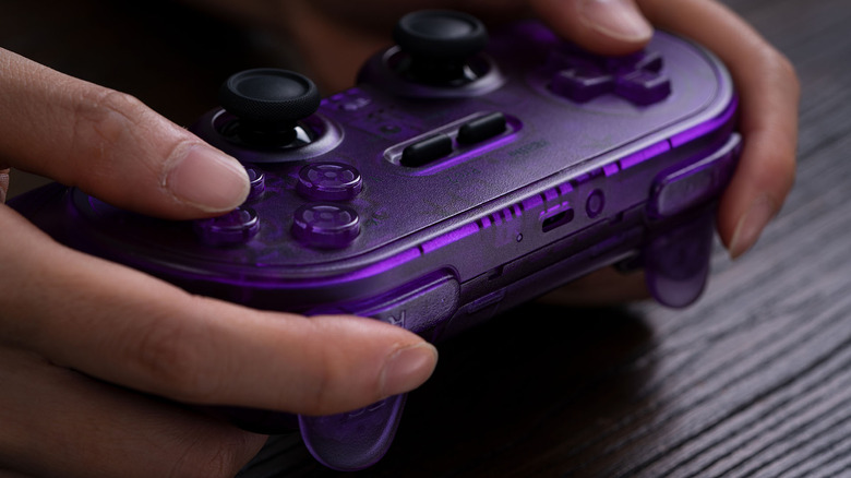 A translucent purple 8bitDo Pro 2 controller.