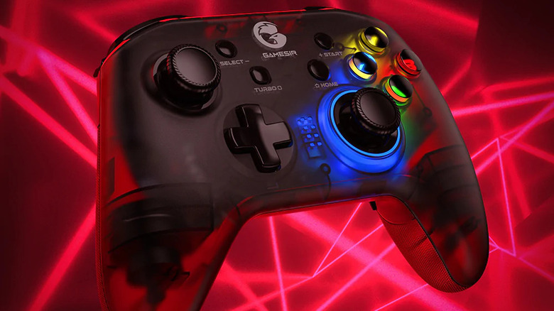 Gamesir T4 Pro controller with red neon background.