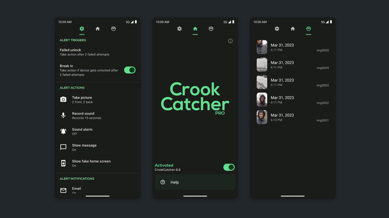 Screenshots of CrookCatcher app