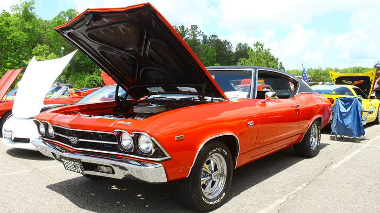 Orange 1969 Chevelle hood open