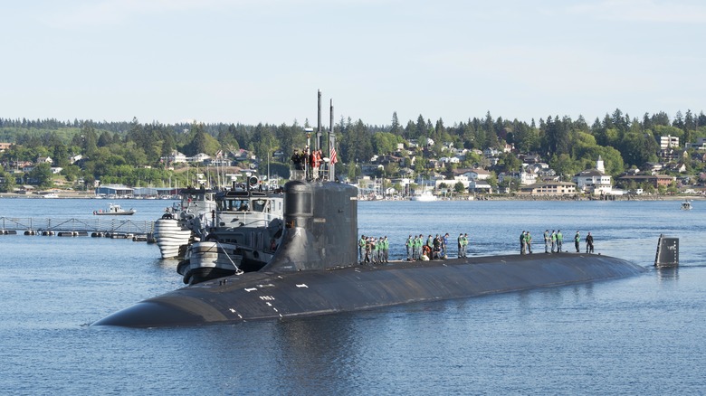 USS Seawolf submarine in harbor