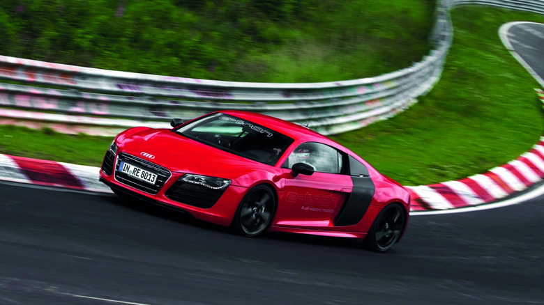 2015 Audi R8 e-tron electric supercar driving on a track